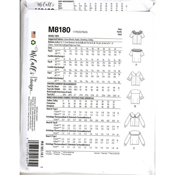 McCall's M8180 Misses 16 to 24 Button Front Tops Uncut Sewing Pattern New - Picture 2 of 2